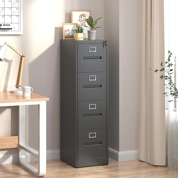 4 Drawer File Cabinet, Vertical File Cabinets with Lock for Home Office,Heavy Duty Office Steel Filing Cabinet for Hanging Letters/Legal/A4, Assembly Required (Black)