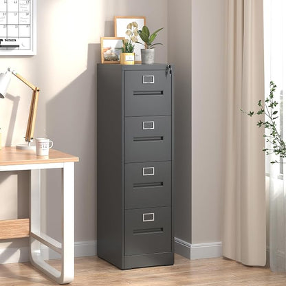 4 Drawer File Cabinet, Vertical File Cabinets with Lock for Home Office,Heavy Duty Office Steel Filing Cabinet for Hanging Letters/Legal/A4, Assembly Required (Black)