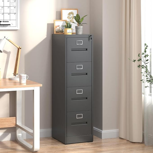 4 Drawer File Cabinet, Vertical File Cabinets with Lock for Home Office,Heavy Duty Office Steel Filing Cabinet for Hanging Letters/Legal/A4, Assembly Required (Black)