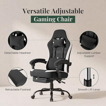 Computer Gaming Chair - High Back Ergonomic Desk Chair with Footrest and Lumbar Support, Height Adjustable Task Chair with Linkage Armrests and Headrest, 360° Swivel Wheels, Black