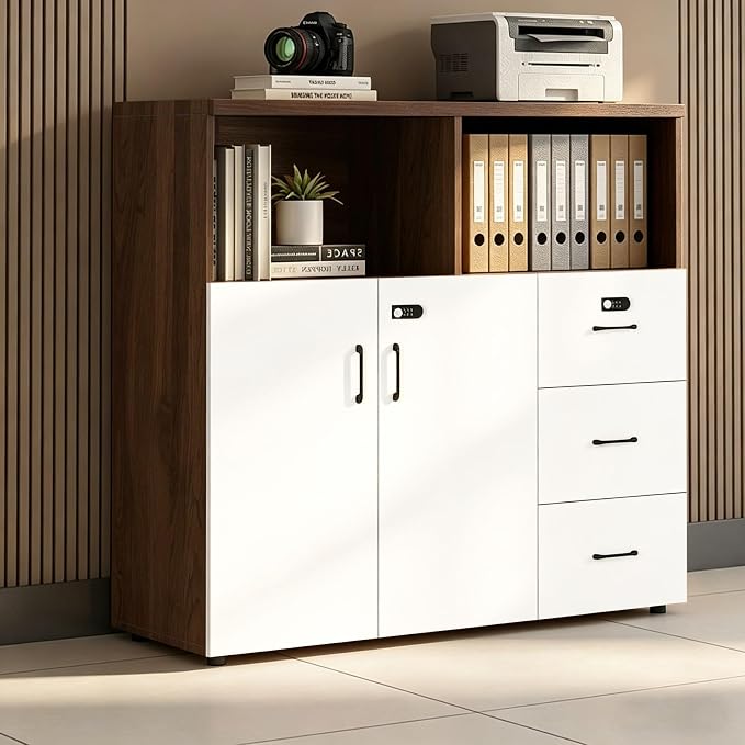 File Cabinet with Password Lock, Wood Lateral Filing Cabinet for Letter/A4 Files, 3 Drawer with Door, Printer Stand with Open Shelves for Home Office
