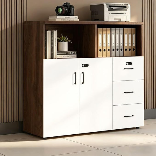 File Cabinet with Password Lock, Wood Lateral Filing Cabinet for Letter/A4 Files, 3 Drawer with Door, Printer Stand with Open Shelves for Home Office