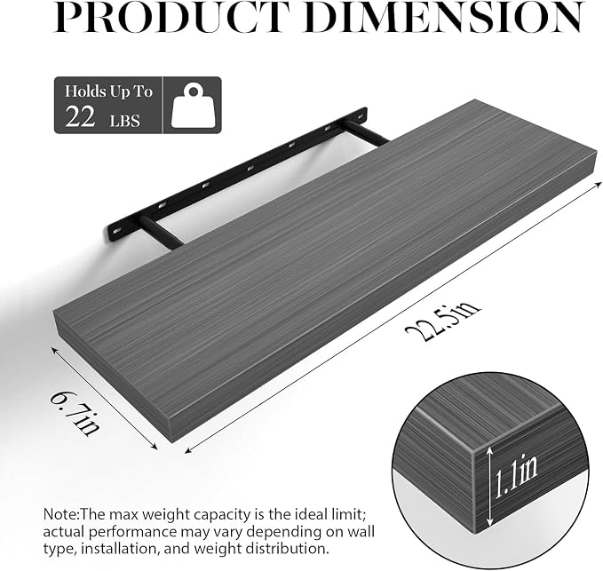 BAYKA Grey Floating Shelves for Wall, Set of 3, 22.5 inch Wall Mounted Shelf for Bedroom, Living Room, Kitchen – Wood with Hidden Metal Brackets, 22LBS Capacity – Storage for Books, Plants, Decor