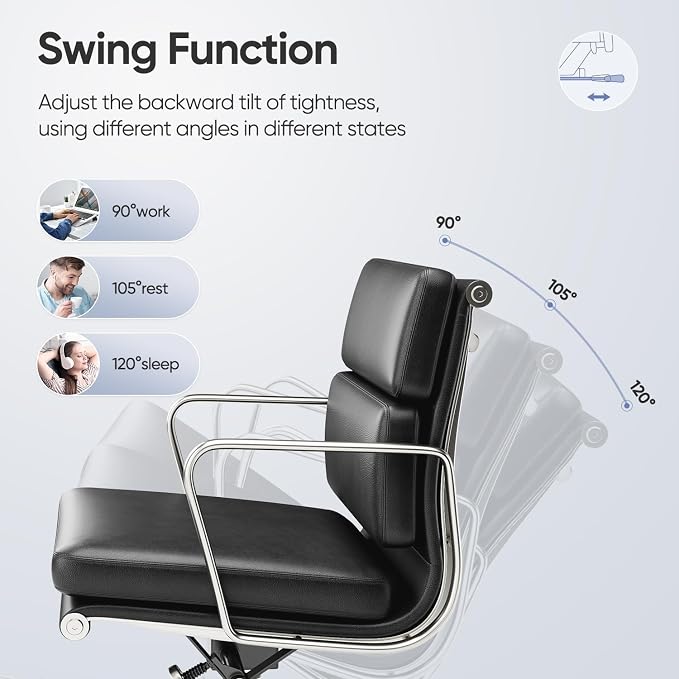 Genuine Leather Office Chair, Padded Mid Back Ergonomic Executive Desk Chair with Aluminum Arm Rest and Base, Swivel Wheels with Lumbar Support & Tilting Function, Hight Adjustable, Black