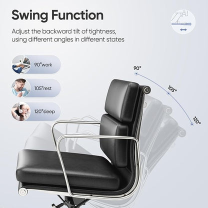 Genuine Leather Office Chair, Padded Mid Back Ergonomic Executive Desk Chair with Aluminum Arm Rest and Base, Swivel Wheels with Lumbar Support & Tilting Function, Hight Adjustable, Black