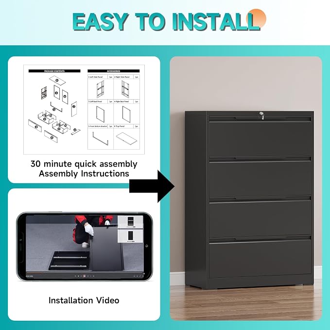 4 Drawer Lateral File Cabinet with Lock, Heavy-Duty Metal Vertical Filing Cabinet for Office, Steel Storage Compatible with Hanging Files Letter/Legal/F4/A4 Sizes, Black