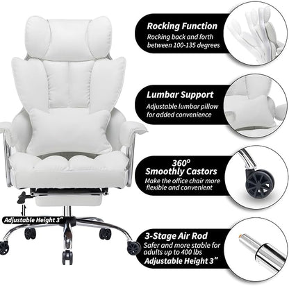 Efomao Big and Tall Office Chair, 400lbs Heavy Duty High Back Executive Chair with 23.6" Extra Wide Seat, PU Leather Desk Chair with Footrest and Padded Armrests, White