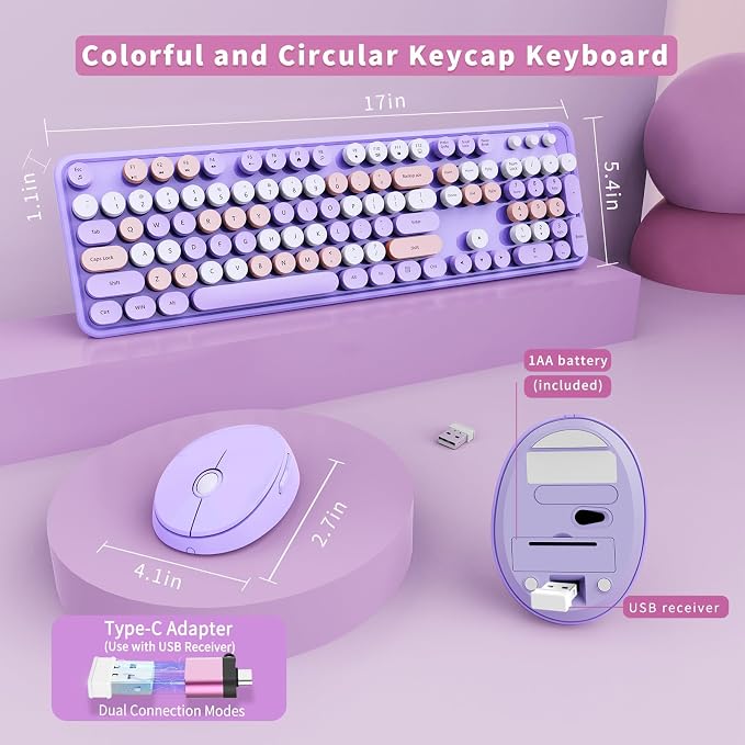 SkyGive Wireless Keyboard and Mouse Combo, Ergonomic Full Size Typewriter Retro Round Keycaps Keyboard, Compatible with Windows, PC, Perfer for Home and Office Keyboards (Purple