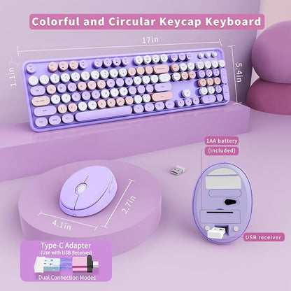 SkyGive Wireless Keyboard and Mouse Combo, Ergonomic Full Size Typewriter Retro Round Keycaps Keyboard, Compatible with Windows, PC, Perfer for Home and Office Keyboards (Purple