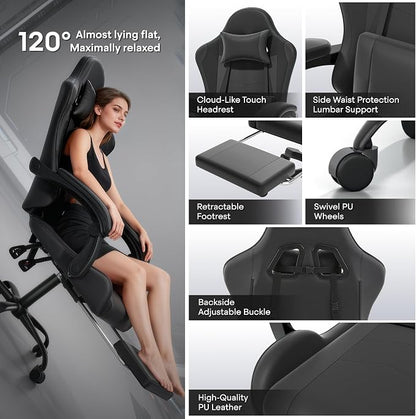 Athena Collection Ergonomic Gaming Chair with Footrest & Headrest Lumbar Support, Height Adjustable Swivel Office Chair Reclining Game Chair High Back Computer Chair for Adults, Carbon Fiber Black