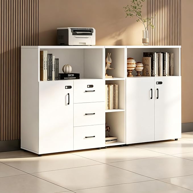 File Cabinet with Password Lock, Wood Lateral Filing Cabinet for Letter/A4 Files, 3 Drawer with Door, Printer Stand with Open Shelves for Home Office