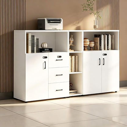 File Cabinet with Password Lock, Wood Lateral Filing Cabinet for Letter/A4 Files, 3 Drawer with Door, Printer Stand with Open Shelves for Home Office