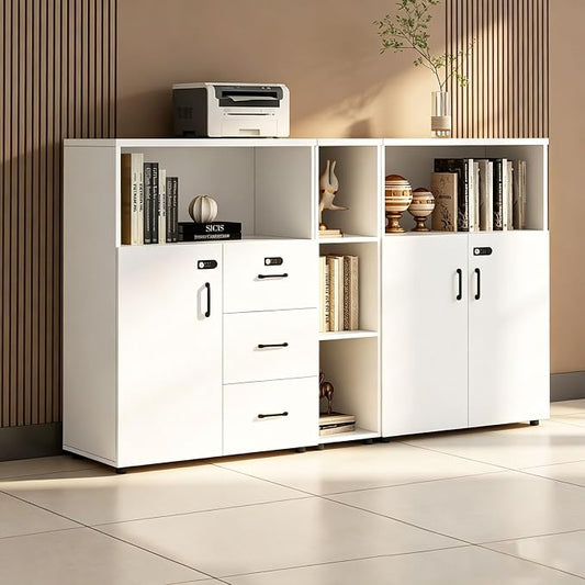 File Cabinet with Password Lock, Wood Lateral Filing Cabinet for Letter/A4 Files, 3 Drawer with Door, Printer Stand with Open Shelves for Home Office