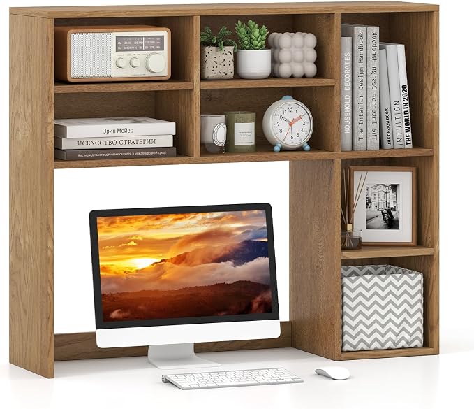 GOFLAME 7 Cubes Desktop Bookshelf, 37” Desk Organizer Shelf with 3 Adjustable Shelves, 3-Tier Wood Countertop Display Rack, Multipurpose Tabletop Desk Hutch for Dorm, Home Office, Natural