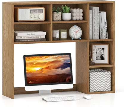 GOFLAME 7 Cubes Desktop Bookshelf, 37” Desk Organizer Shelf with 3 Adjustable Shelves, 3-Tier Wood Countertop Display Rack, Multipurpose Tabletop Desk Hutch for Dorm, Home Office, Natural