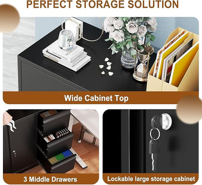 47" Rolling File Storage Locker Cabinet with 3-Drawer，Office Storage Cabinet with Adjustable Shelf & Universal Wheels, Mobile Printer Stand for Home Office, Living Dining Room,Black