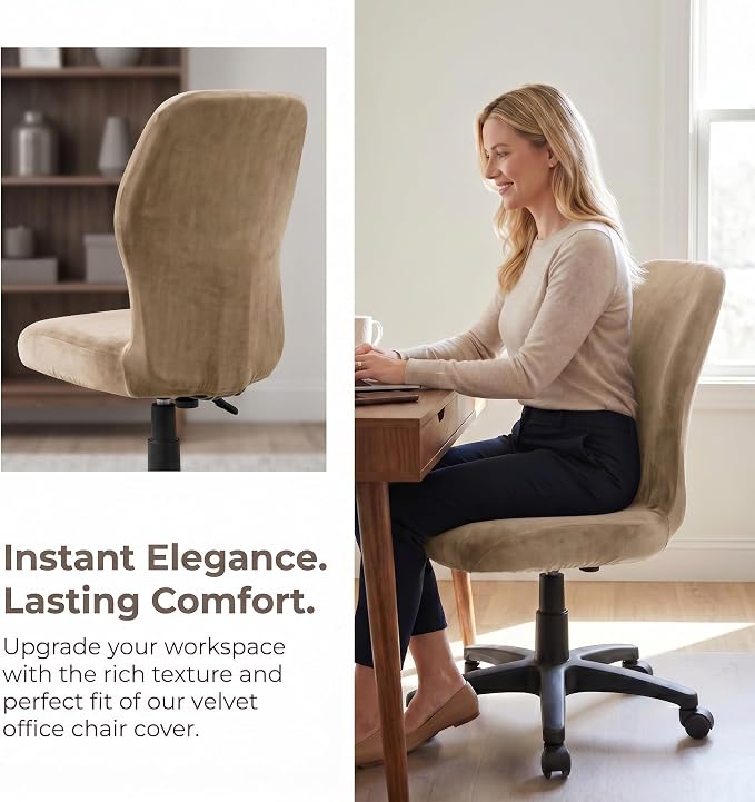 Deisy Dee Velvet Stretch Armless Office Chair Covers - Colorful Stretch Slipcover for Desk Chairs (Khaki)
