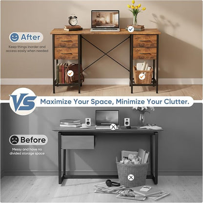 Sweetcrispy Computer Desk with Drawers 55 Inch Home Office Bedroom Table 4 Fabric Drawers 2 Mesh Storage Shelves Wood X-Shaped Writing Study PC Desk Workspace Side Hook Metal Frame Organizer Brown