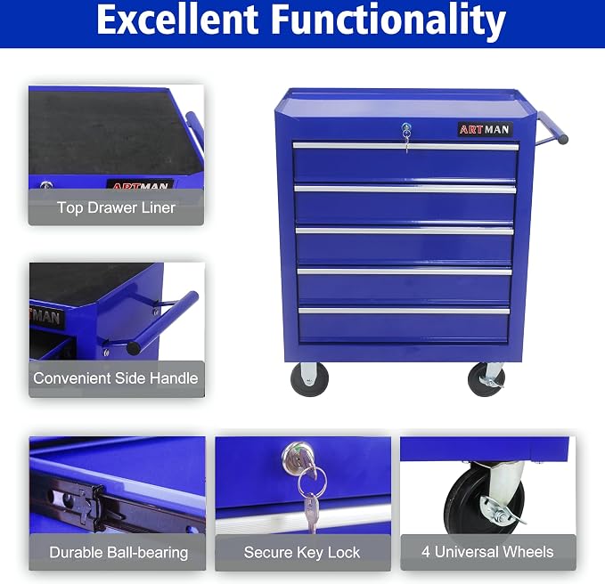 RYH 5 Drawers Rolling Tool Chest & Tool Box on Wheels | Heavy Duty Metal Cart with Ball Bearing Drawers | Fits US General Tool Box for Garage Storage (Blue, 5 Drawers（29.9" H × 24.2" W × 12.9" D)