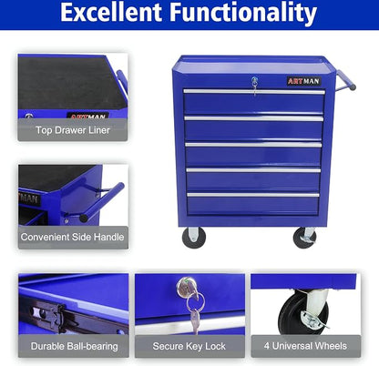RYH 5 Drawers Rolling Tool Chest & Tool Box on Wheels | Heavy Duty Metal Cart with Ball Bearing Drawers | Fits US General Tool Box for Garage Storage (Blue, 5 Drawers（29.9" H × 24.2" W × 12.9" D)