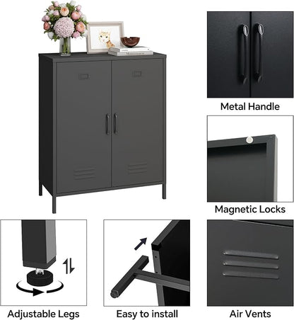Steehoom Metal Cabinet with 2 Door, All Steel Small Locker Sideboard Buffet Storage Cabinet Console Table for Garage, Office (Black, H35.43'')