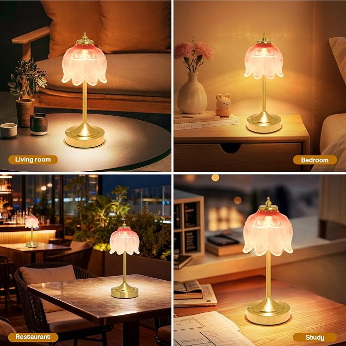 Cordless Lotus Flower Table Lamp, 5200mAh Rechargeable Battery Operated Portable Lamp, 3-Color Dimmable Touch Control Small Desk Lamp for Bedroom, Office, Kitchen, Nightstand,Room Decor (Pink)