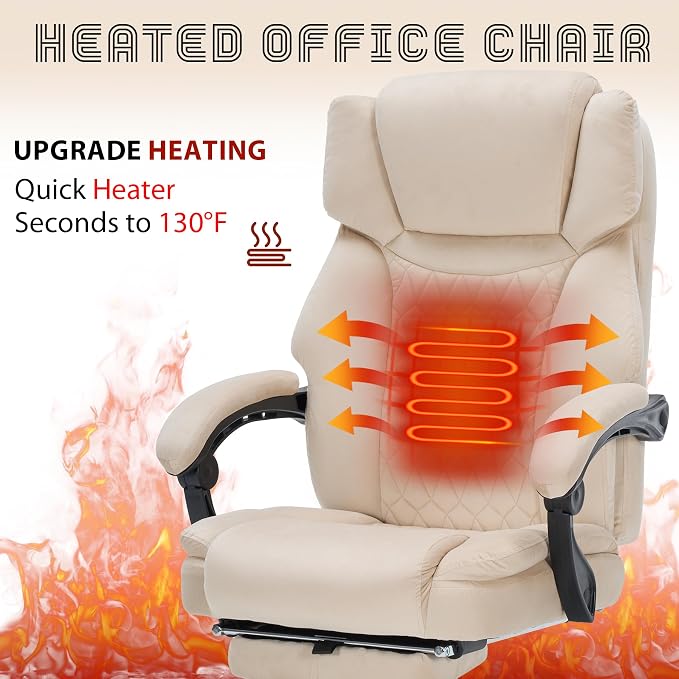 Massage Office Chair with Foot Rest 6 Points Vibration and Heat Home Office Desk Chairs for Heavy People 400lbs Reclining Managerial Chairs Ergonomic Executive Chair (Beige)