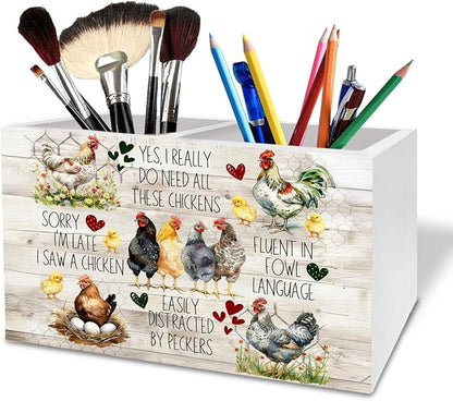 Funny Rustic Chicken Pen Holder for Desk, Chicken Lovers Mom Lady Gifts Wooden Box Sign Desk Decor for Home Office Decoration, Farmhouse Hen Rooster Pencil Organizer