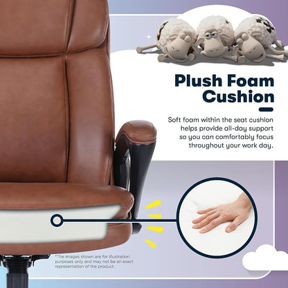 Serta Fairbanks Big & Tall Executive Office Chair, Ergonomic High-Back with Lumbar Support, Semi-Plush Seat Cushion and Body Pillows, Padded Armrests, Nylon Swivel Base, Bonded Leather, Cognac Brown