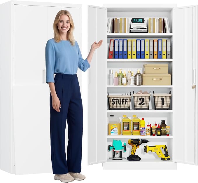 CJF Metal Storage Cabinets with 5 Adjustable Shelves, 71" H Locking Storage Cabinet for Garage, Office, School - White