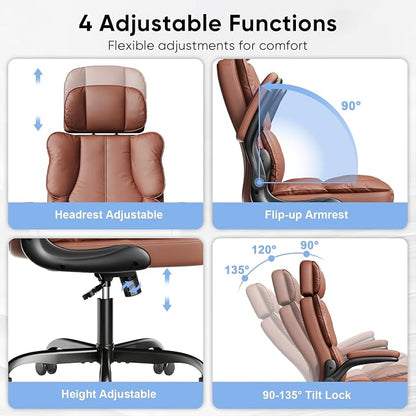 Kensaker Office Chair with Adjustable Headrest & Lumbar Support for for Lower Back Pain Relief, Executive PU Leather Chairs Comfy with Double Padding & 135° Rocking for Home Office, Brown