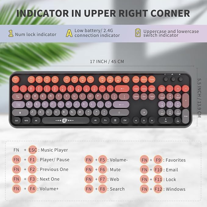 Wireless Keyboard and Mouse Combo, 104 Round Keys Cute Colorful Keyboard and Mouse with Retro Typewriter for PC Mac Laptop Tablet Computer Windows Black Red