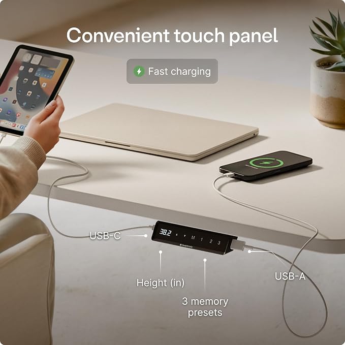 Desktronic HomeOne Standing Desk 54x28 — Ergonomic Sit Stand Home Office Desk, Made in Europe, Electric Dual Motor Height Adjustable, USB & USB-C Charging, Wobble-Free, Touchscreen, 3 Memory Presets