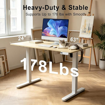Height Adjustable Electric Desk, 63x24 Inches Stand up Desk with 3 Memory Presets & Child Lock, Quiet Motor, Industrial Steel Frame, Dual Hooks, for Ultimate Computer Workstation, Natural