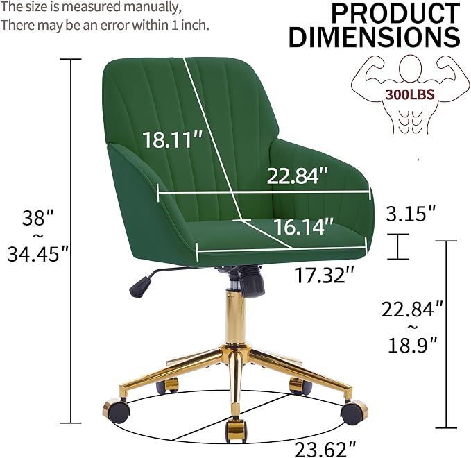Velvet Home Office Desk Chair, Modern Cute Computer Task Chair with Back, Height Adjustable Upholstered Vanity Chair with Swivel Wheels for Women, Girls (Gold Base, Green