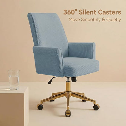 Stripes Velvet Home Office Desk Chair, Accent Upholstered Modern Height Adjustable Swivel Chair with Wheels,Ergonomic Task Chair for Living Room,Bedroom,Vanity,Study,Office（Blue）