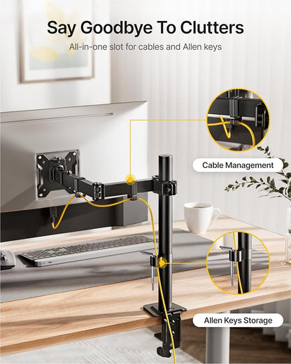 monTEK Extra-Long Single Monitor Mount for 17-32 inches Screen, Fully Adjustable Articulating Desk Monitor Stand up to 22lbs Capacity, Computer Mount with C Clamp and Grommet Base, Max VESA 100x100mm