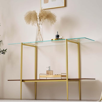 LumFurn Extra Large Glass Console Table for Living Room, Foyer & Entrance, L47 x W16 x H31, Mid-Century Modern Sofa Table with Clear Glass Top, Walnut Finish Wood Top and Gold Finish Metal Frame