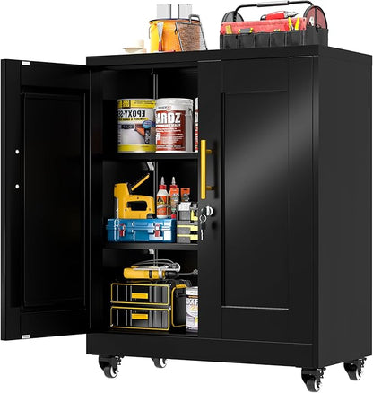 GAIOUS Metal Storage Cabinet with Lock and Wheels, Steel Tool Cabinet | with 2 Door and 2 Adjustable Shelves, 35” Tall Lockable File Cabinet, Garage Cabinet, Rolling Cabinet for Home Office - Black