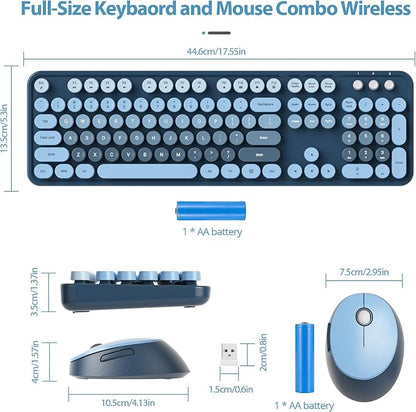 Wireless Keyboard and Mouse Set, Retro Typewriter, 2.4GHz Full Size 104-Key Cute Keyboard with Number Pad, Colorful with Round Keycaps for Windows PC Laptop(Sea Blue)