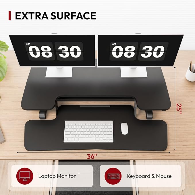 SANODESK 36" Standing Desk Converter, Adjustable Sit to Stand Desk Riser with Effortless Lifting for Home Office, Desk Topper for Dual Monitors, Computer Lift with Keyboard Tray, Black