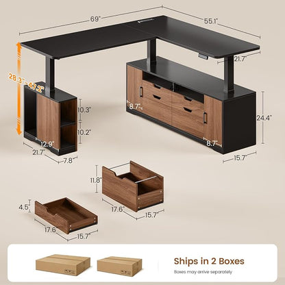SEDETA L Shaped Electric Standing Desk, 69" x 55" Height Adjustable Office Executive Desk with 4 Drawers and Storage Shelves, Fluted Sit Stand Computer Desk with Power Outlet (Modern Black+ Brown)