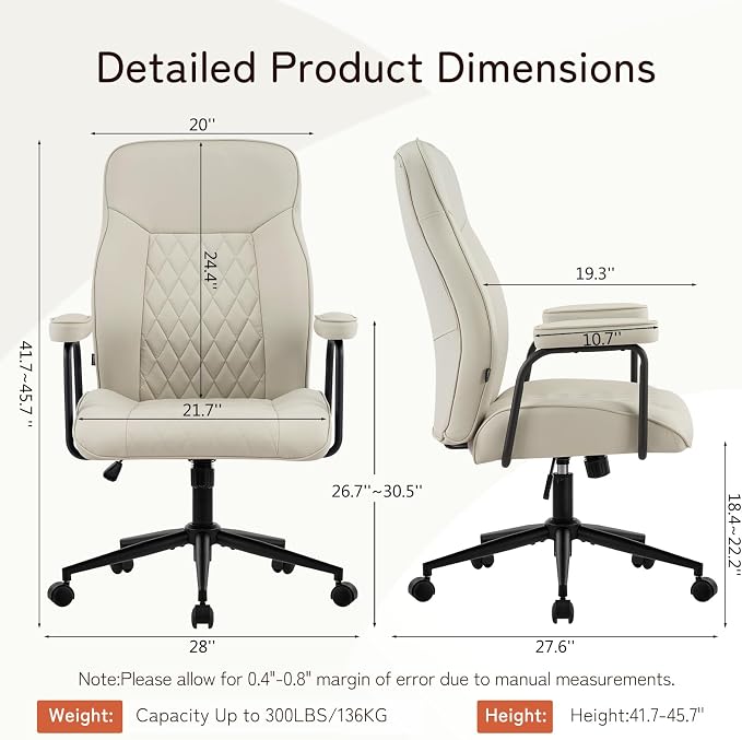 Furniliving Leather Office Chair, Comfy Home Office Desk Chair, Mid Century Modern Office Chair with Lumbar Support, Mid-Back Adjustable Swivel Computer Chair with Wheels and Arms, Light Grey