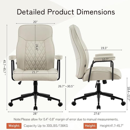 Furniliving Leather Office Chair, Comfy Home Office Desk Chair, Mid Century Modern Office Chair with Lumbar Support, Mid-Back Adjustable Swivel Computer Chair with Wheels and Arms, Light Grey