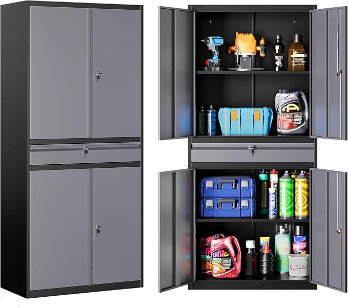 Metal Storage Cabinet with Doors and Shelves,Garage Storage Cabinets with Lock and Drawer,Metal Cabinet with Locking Doors,4 Door Steel Cabinet,71" Tall Lockable Cabinets for Garage,Home,Office