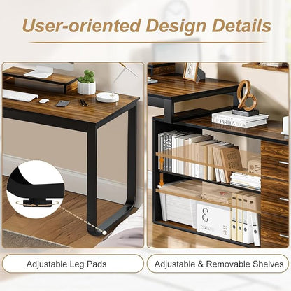MaverickFurni 55" L Shaped Desk with Drawers and Shelves, Home Office Desk with Monitor Stand for Work Writing Study, Reversible Corner Desk with Storage, Black
