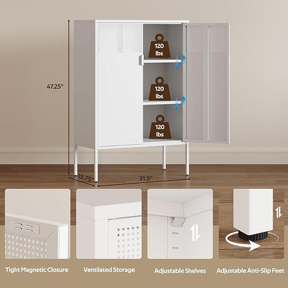 3-Tier Metal Storage Cabinet with 2 Adjustable Shelves, 2 Mesh Door Metal Locker Accent Cabinet with Legs, White Storage Cabinets, Metal Tv Stand Cabinet for Home, Office, Entryway & Hallway