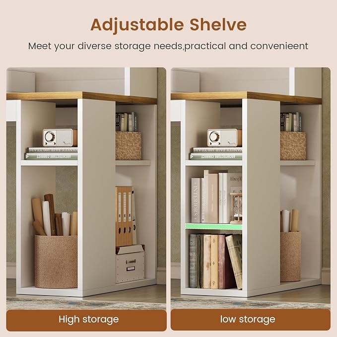SEDETA 67" Farmhouse L Shaped Desk with Hutch, Home Office Desks with Drawers & Sliding Doors, Corner Computer Desk with Storage Shelves & Power Outlets, Executive Desk with LED Lights, White+Brown
