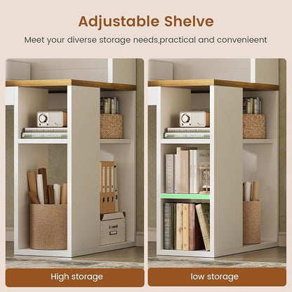 SEDETA 67" Farmhouse L Shaped Desk with Hutch, Home Office Desks with Drawers & Sliding Doors, Corner Computer Desk with Storage Shelves & Power Outlets, Executive Desk with LED Lights, White+Brown