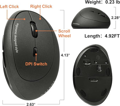 SANWA 2.4G Wireless Ergonomic Mouse, Optical Vertical Ergo Mice for Small Hands, Reduce Wrist Strain, 800/1200/1600 DPI, 5 Buttons, Compatible with MacBook, Laptop, Windows, Mac OS, Black